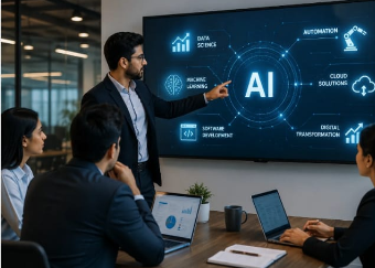 Woman viewing an AI hologram with digital brain, tech icons, and city skyline background