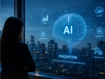 Team of professionals in a modern office viewing a large display screen with AI dashboard and tech icons